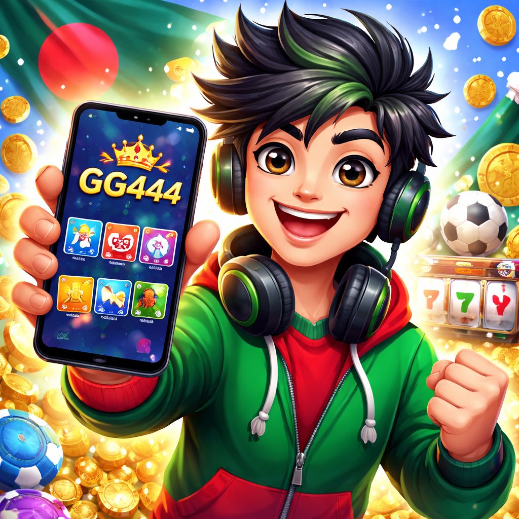 কার্টুন GG444 মোবাইল অ্যাপ চরিত্র একটি Android ফোন ধরে আছে কয়েন এবং গেম আইকন সহ
