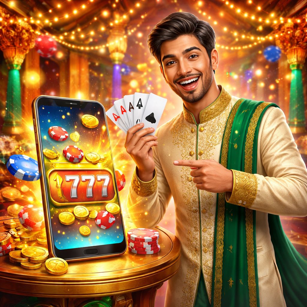 Cartoon casino host with cards, chips, and a mobile phone showing GG444 Casino