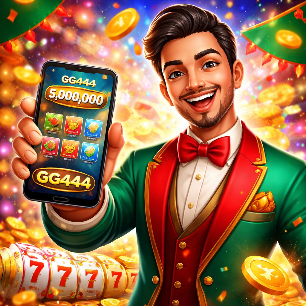 GG444 cartoon casino character holding a phone with coins and slot symbols