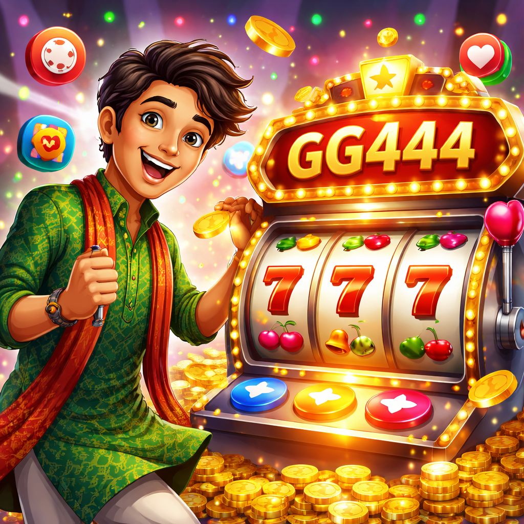 GG444 cartoon slot player celebrating with coins and reels